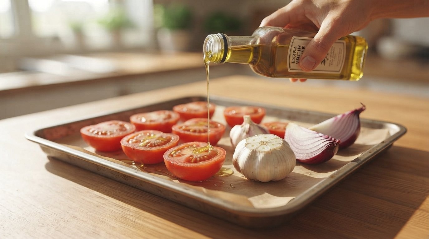 Aceite de oliva siendo rociado sobre los tomates y el ajo en la bandeja