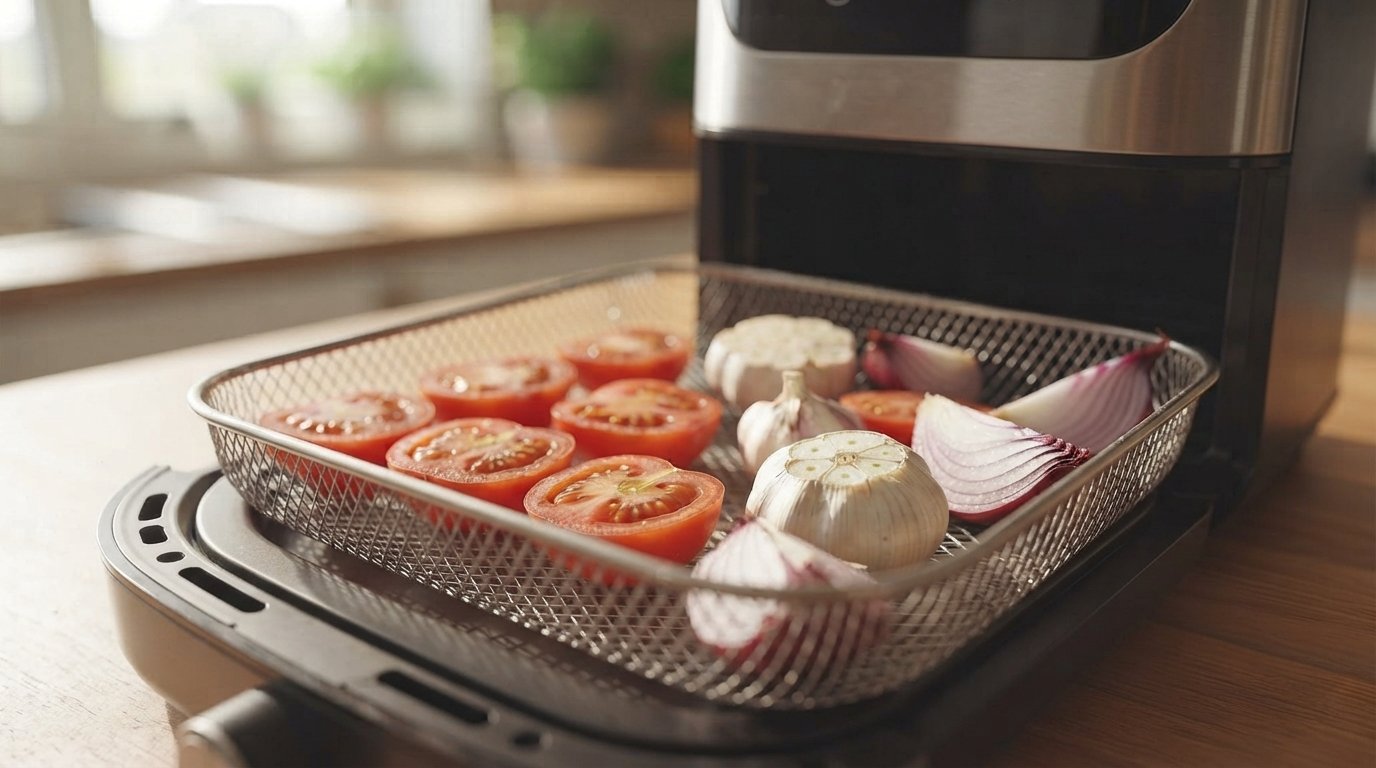 Tomates, ajo y cebolla dentro de la cesta de la freidora de aire, antes de cocinar