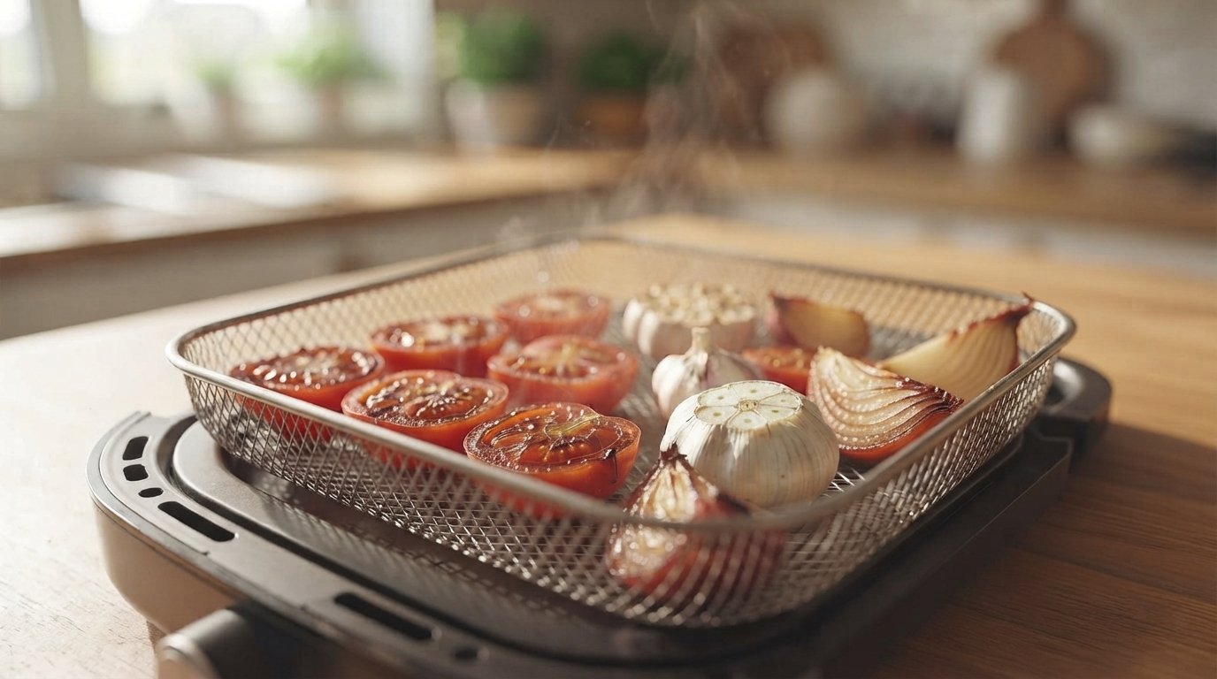 Tomates y ajo ya asados y caramelizados, recién sacados de la freidora