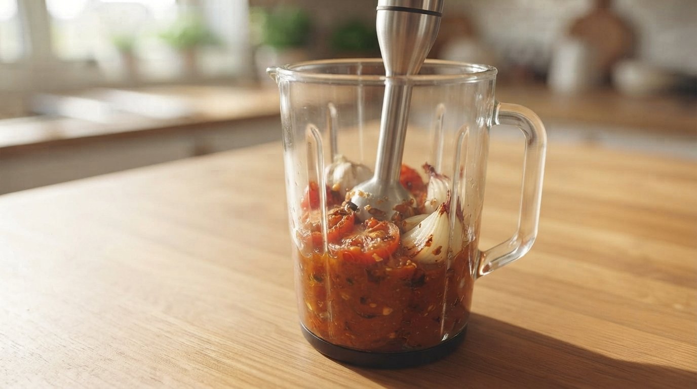 Tomates asados siendo triturados con una batidora de mano en un vaso alto