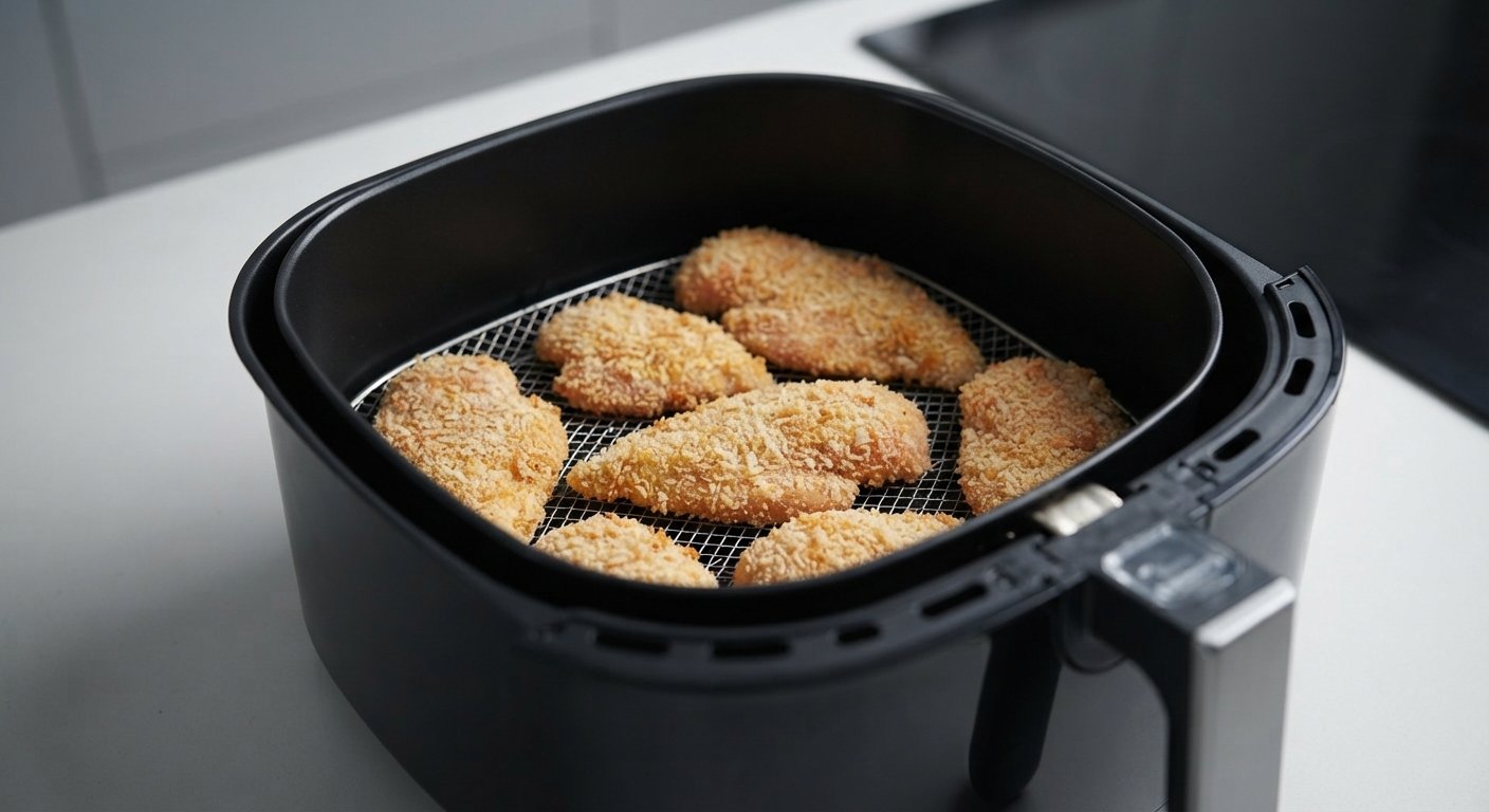 Filetes de pollo empanados dentro de la cesta de la freidora de aire