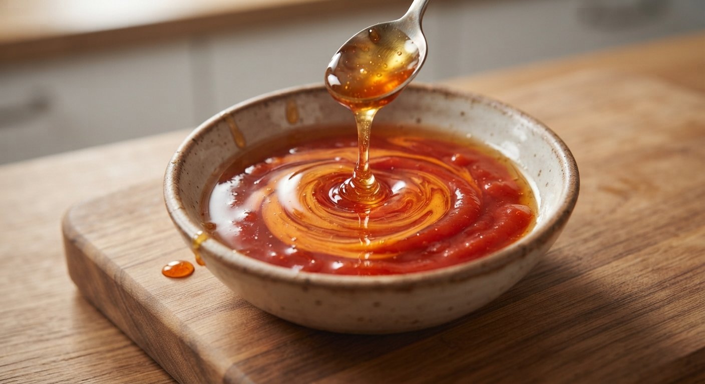 Miel y salsa picante mezclándose en un bol pequeño