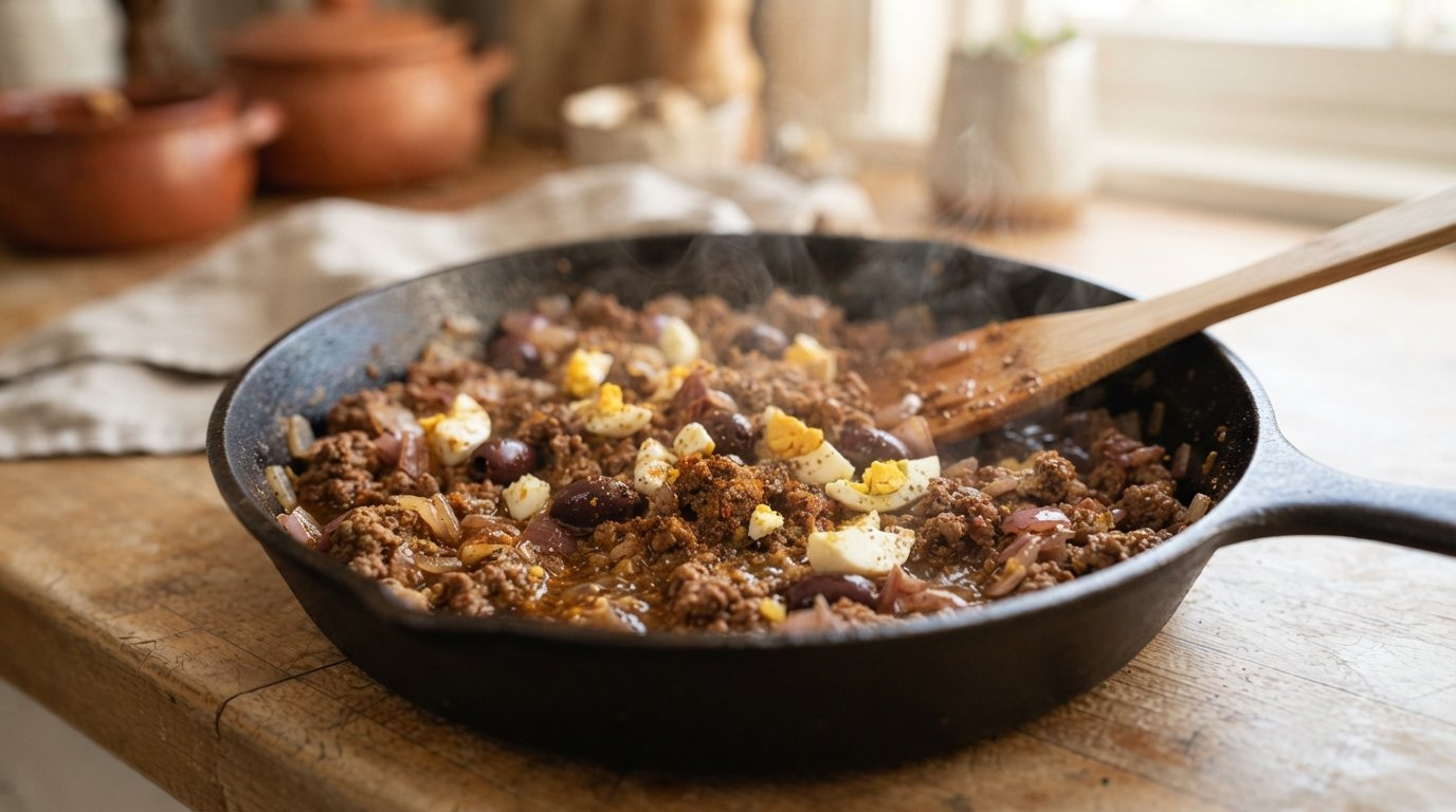 Carne picada con cebolla, huevo duro y aceituna cocinándose en una sartén