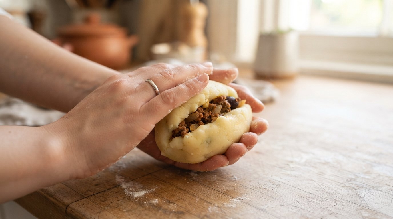 Manos formando una bola de puré de patata rellena de carne