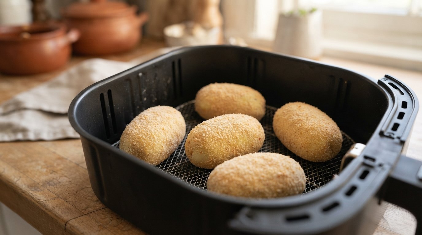 Papas rellenas empanadas dentro de la cesta de la freidora de aire