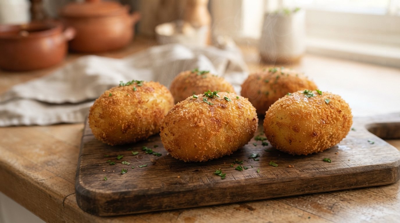 Papas rellenas doradas y crujientes recién sacadas de la freidora