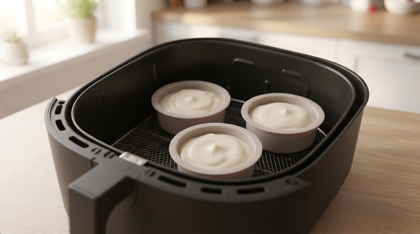 Moldes con masa de tortitas colocados dentro de la freidora de aire