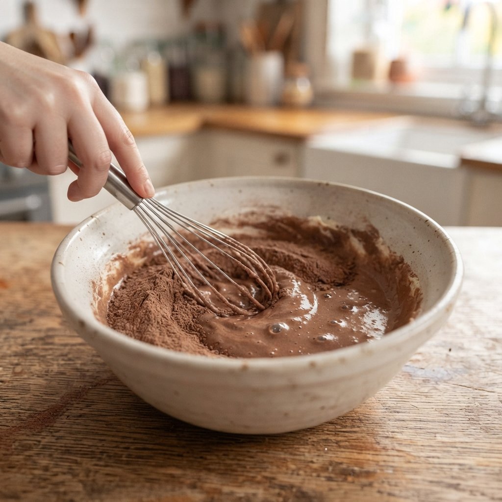 Queso crema, Nesquik y azúcar siendo batidos en un bol