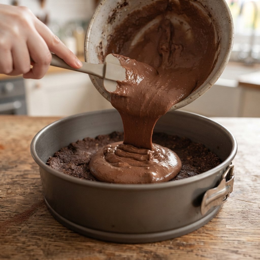 Mezcla de tarta de queso con chocolate vertida sobre la base de galleta dentro del molde