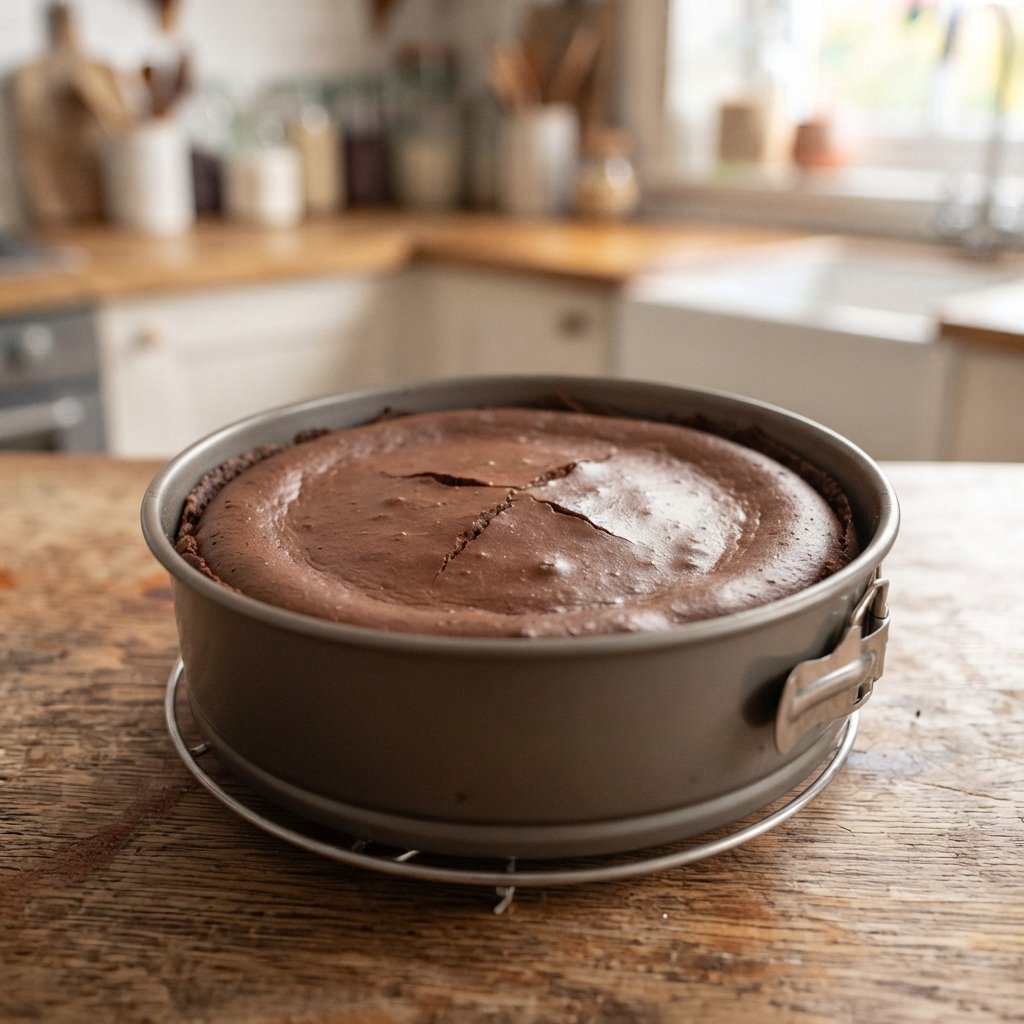Tarta de queso con Nesquik horneada, firme y con la superficie ligeramente agrietada