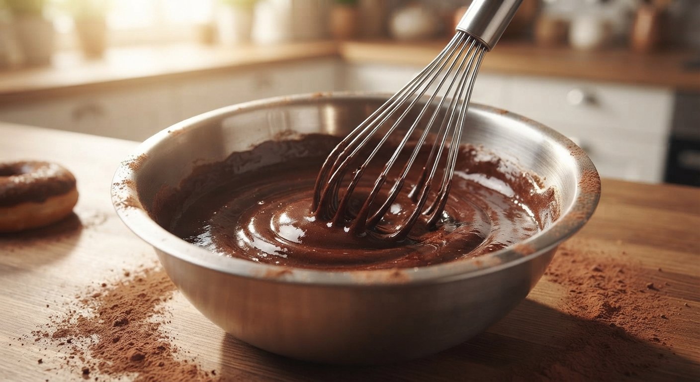 Masa de donut de chocolate siendo mezclada en un bol, con cacao en polvo visible