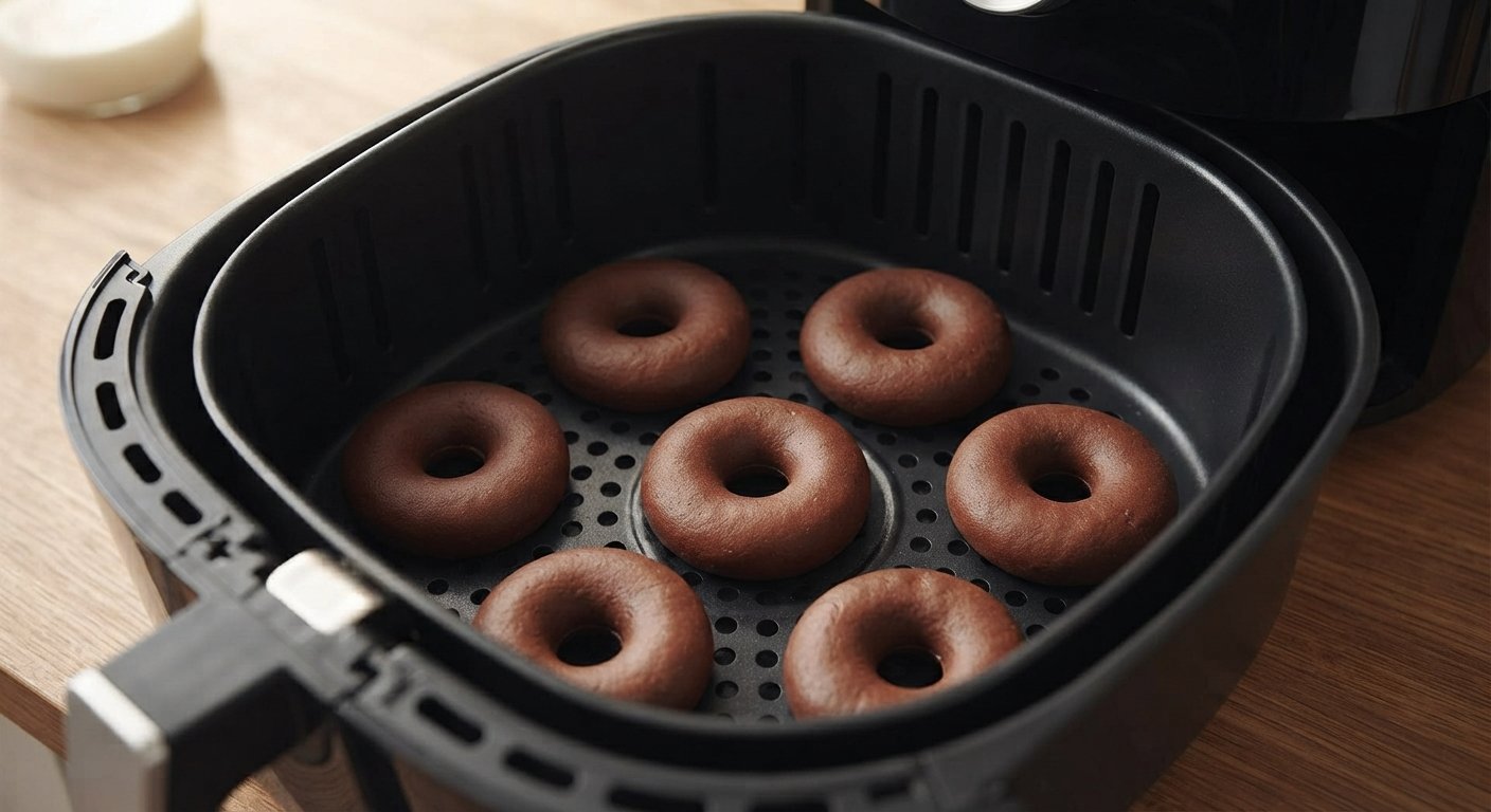 Donuts crudos formados dentro de la cesta de la freidora de aire