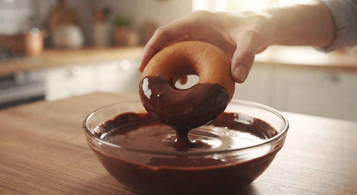 Donuts siendo bañados en glaseado de chocolate brillante