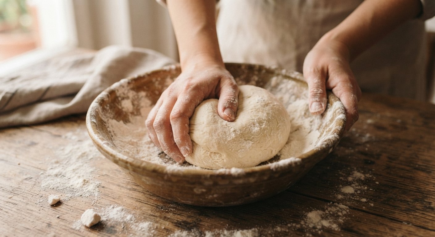 Masa de pan siendo amasada en un bol, con harina espolvoreada alrededor