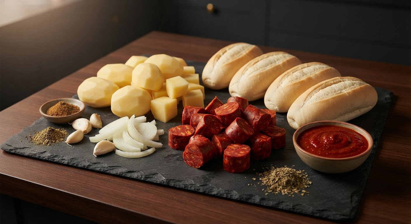 Ingredientes organizados: papas cortadas, chorizo crudo, bolillos frescos, cebolla, ajo, especias