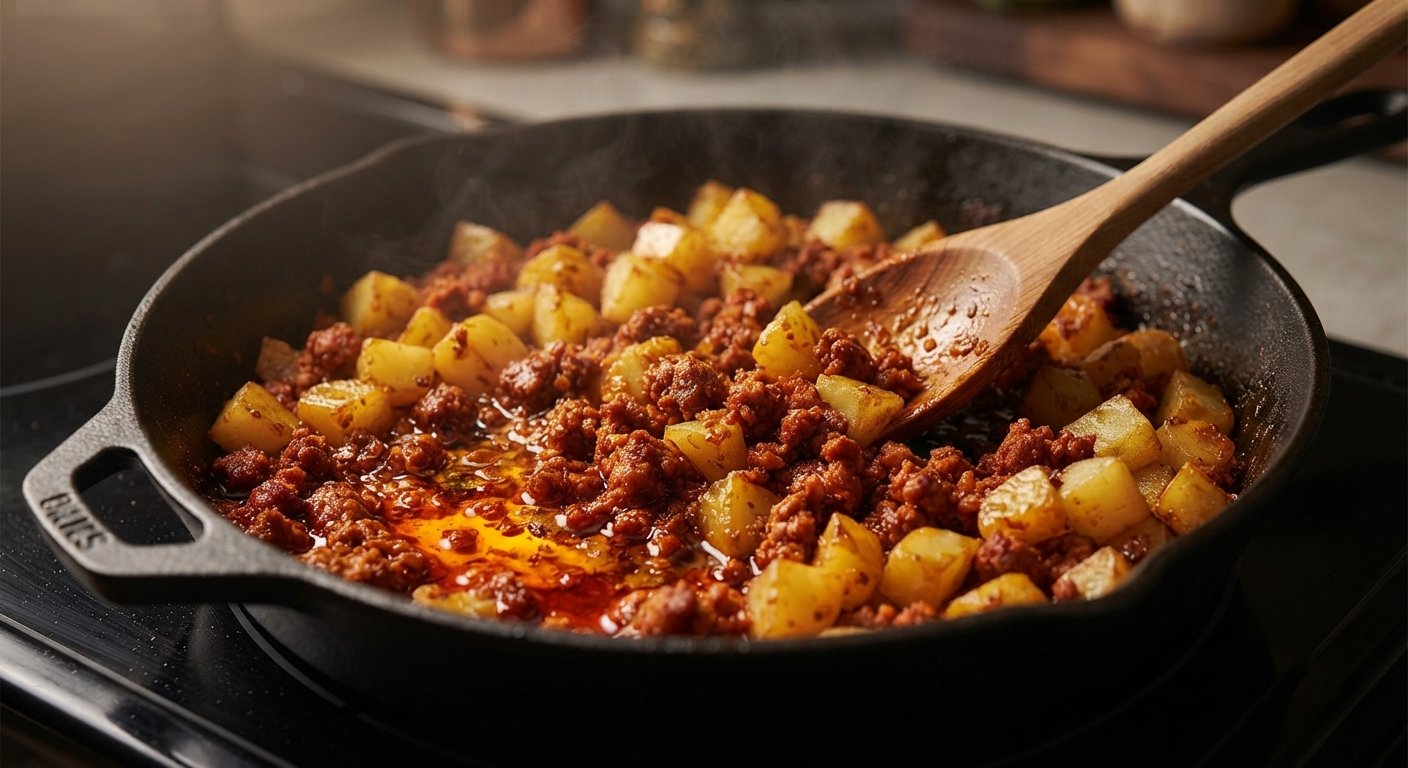 Sartén con papas cocidas y chorizo dorándose, mezcla marrón dorada y brillante