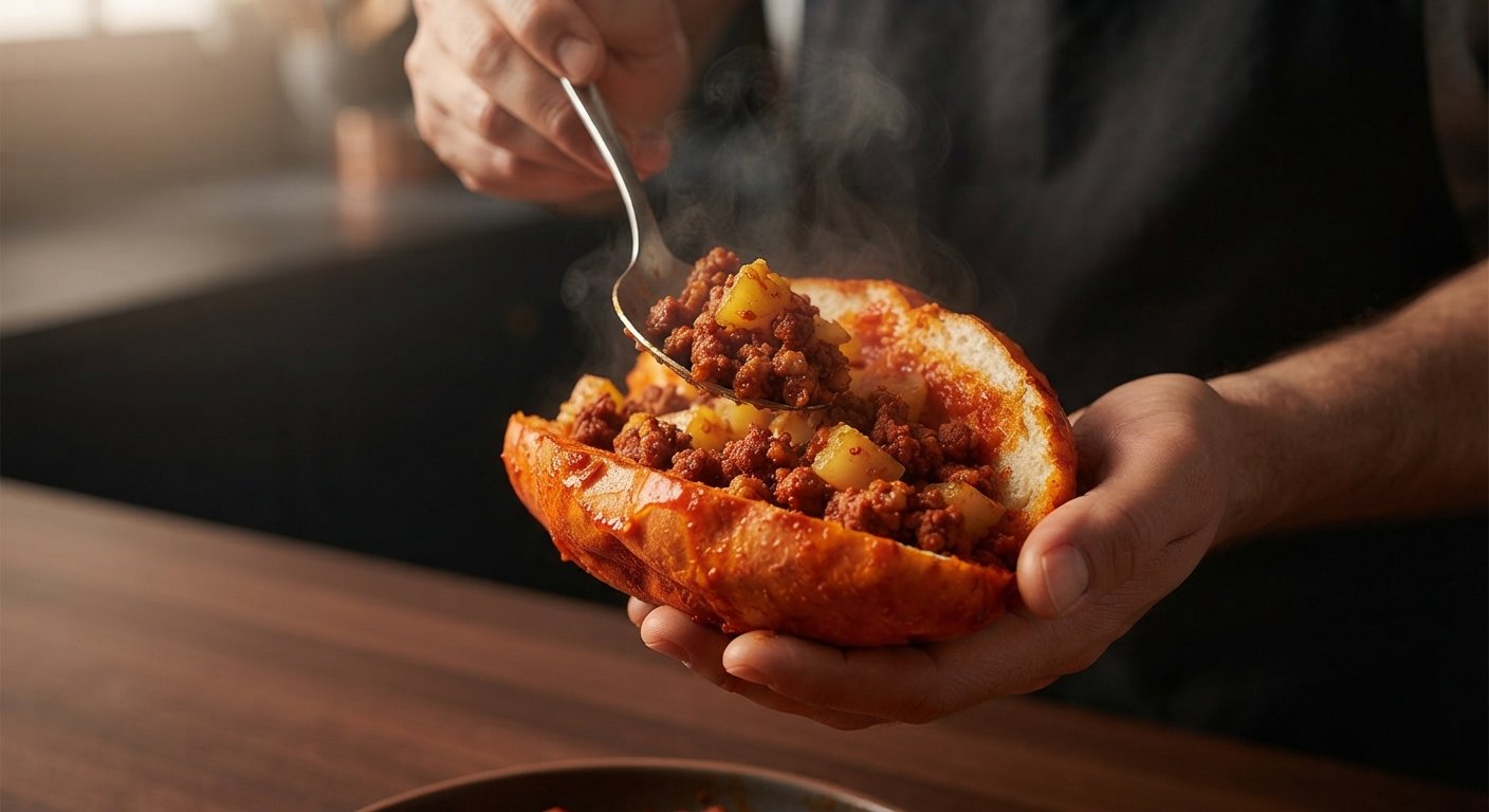 Bolillo cortado por la mitad, relleno generoso con mezcla de papa y chorizo, viéndose jugoso
