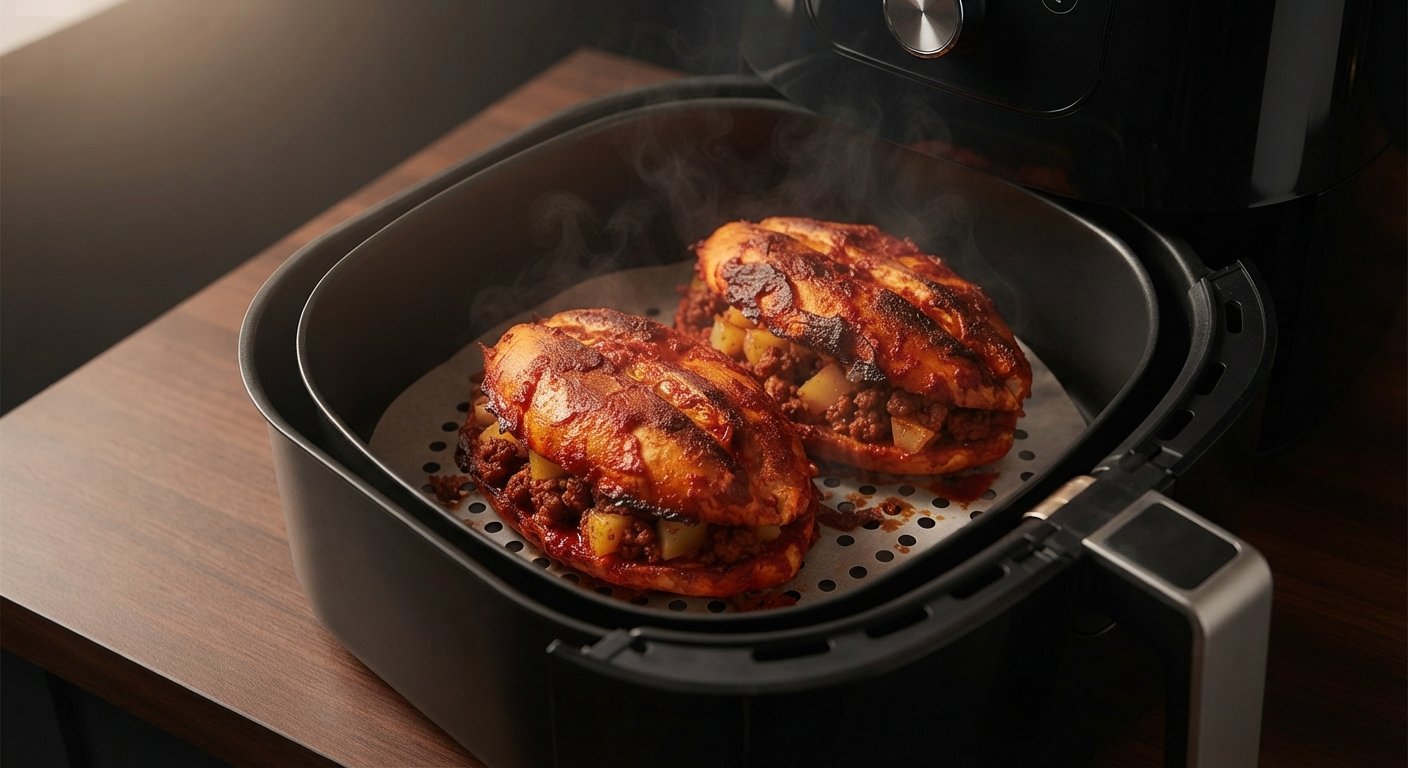 Cesta de freidora abierta con pambazos siendo cocinados, pan dorado oscuro, vapor saliendo