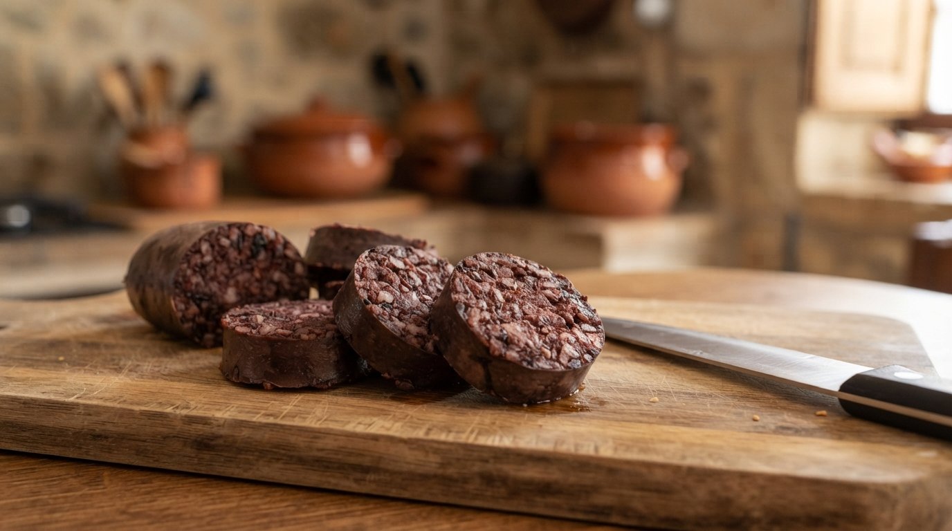 Rodajas de morcilla de Burgos crudas, sin cocinar, sobre una tabla de cortar