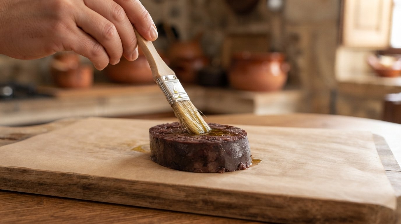 Rodaja de morcilla siendo pincelada ligeramente con aceite de oliva