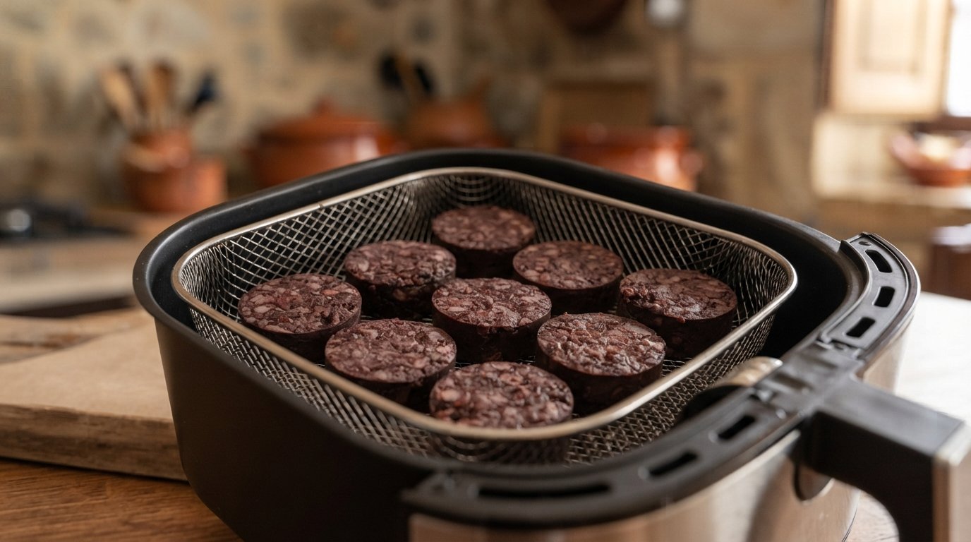 Rodajas de morcilla crudas colocadas en la cesta de la freidora de aire, antes de cocinar