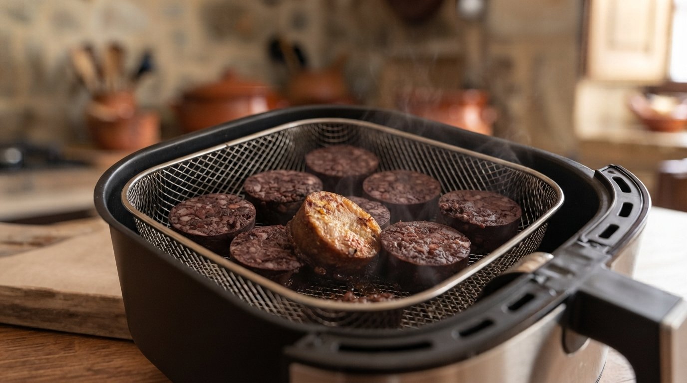Rodajas de morcilla a mitad de cocción dentro de la cesta, empezando a dorarse