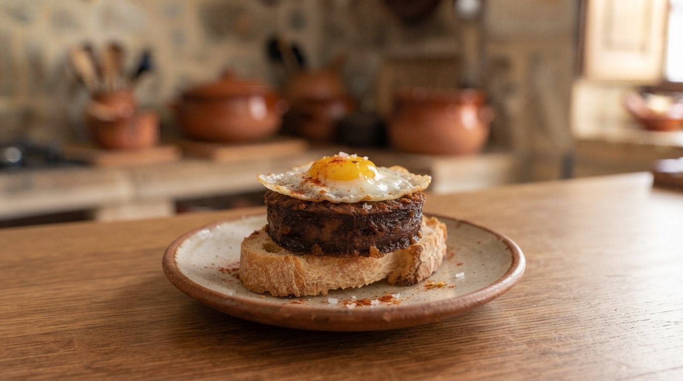 Rodaja de morcilla crujiente sobre pan tostado, con un huevo de codorniz frito encima, estilo tapa de bar