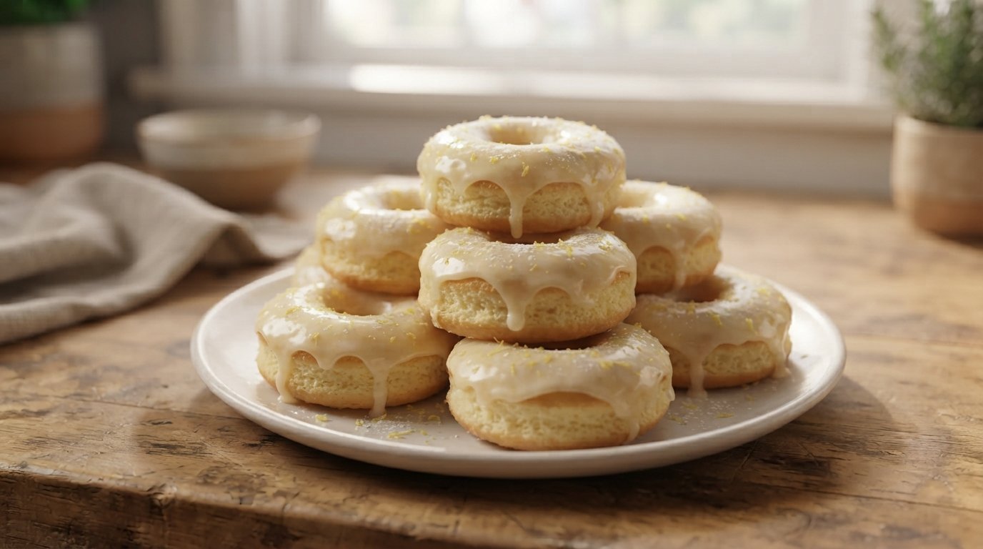 Donuts de limón glaseados apilados mostrando la textura esponjosa