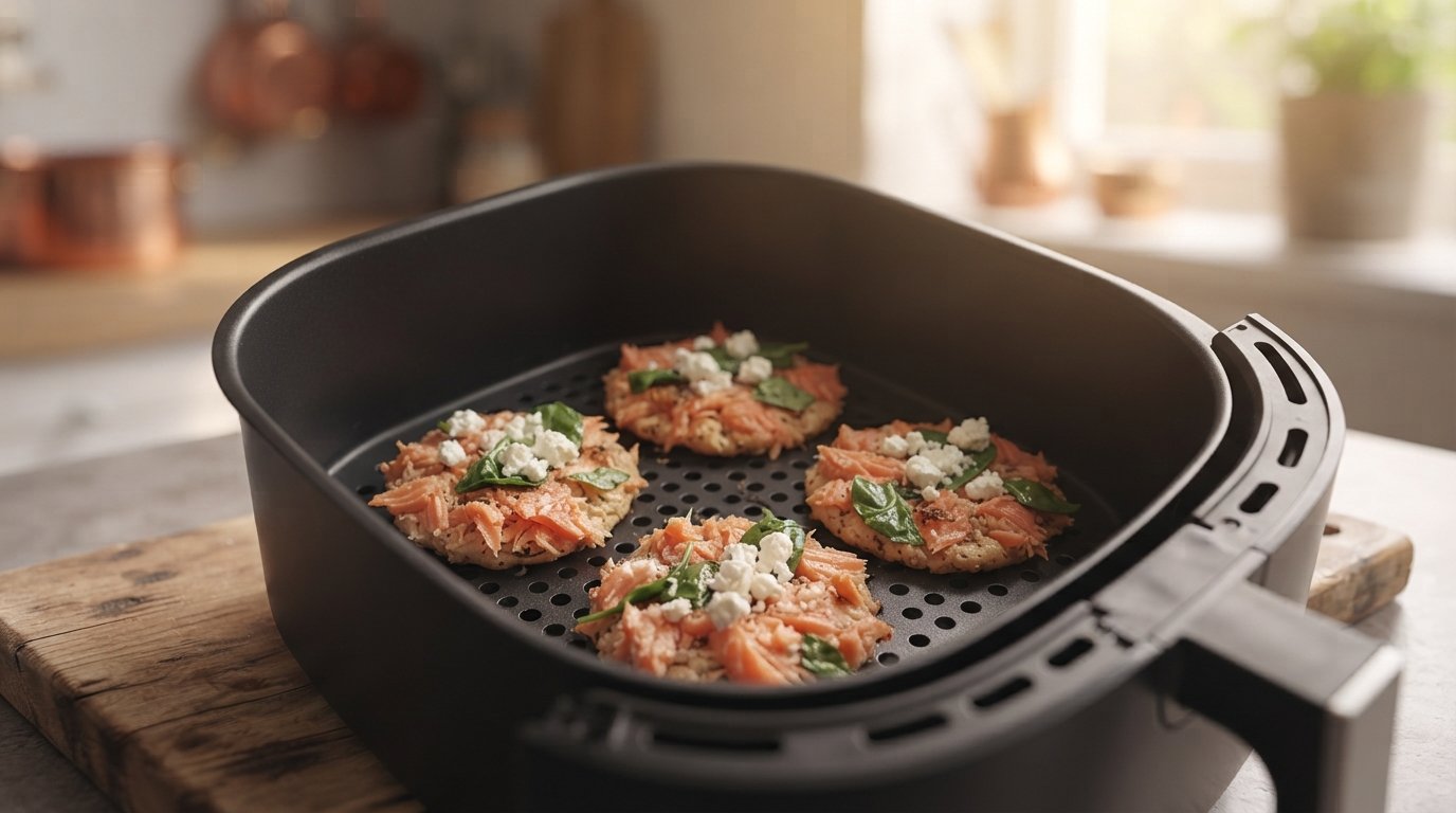 Tortitas de salmón dentro de la cesta de la freidora de aire antes de cocinar