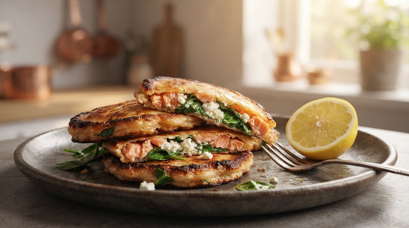 Tortitas de salmón con espinaca y queso feta doradas en freidora de aire