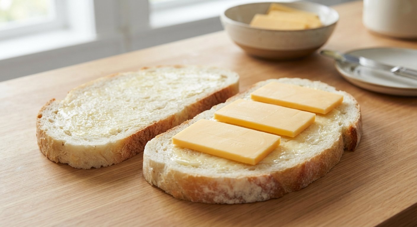 Rebanadas de pan con mantequilla untada por fuera y las tres lonchas de queso colocadas en el interior antes de cerrar