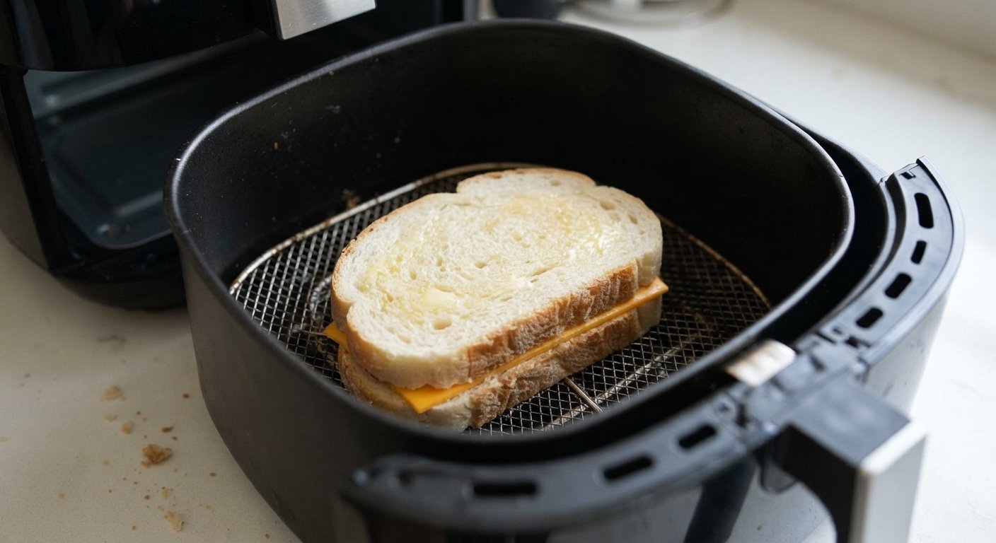 Sándwich montado dentro de la cesta de la freidora de aire