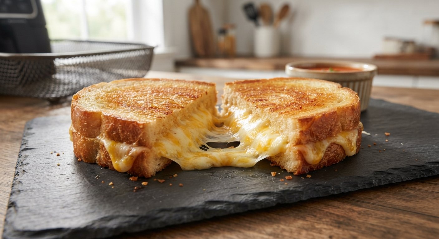 Sándwich de 3 quesos con queso fundido y filante en freidora de aire