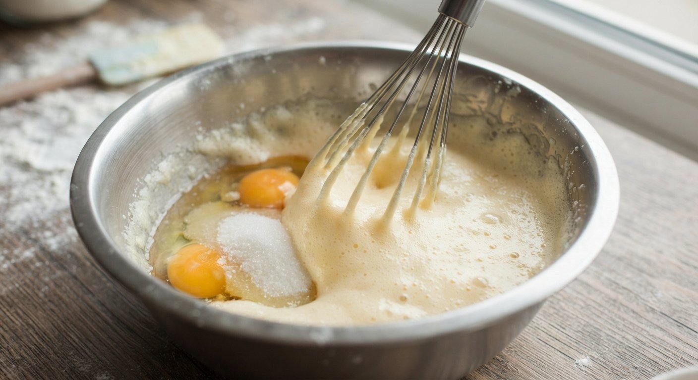 Huevos y azúcar siendo batidos en un bol, con textura espumosa