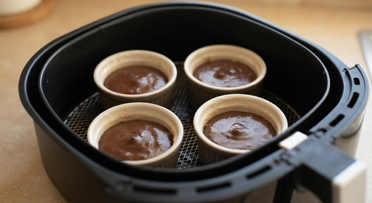 Moldes de coulant dentro de la cesta de la freidora de aire