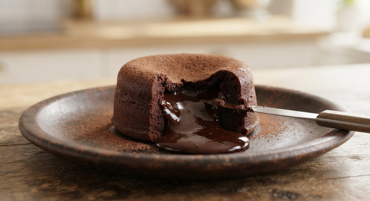 Coulant de chocolate recién desmoldado, partido por la mitad, mostrando el interior líquido derramándose
