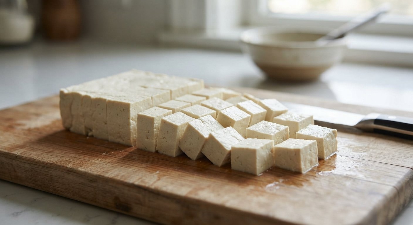 Tofu cortado en dados sobre una tabla de cortar