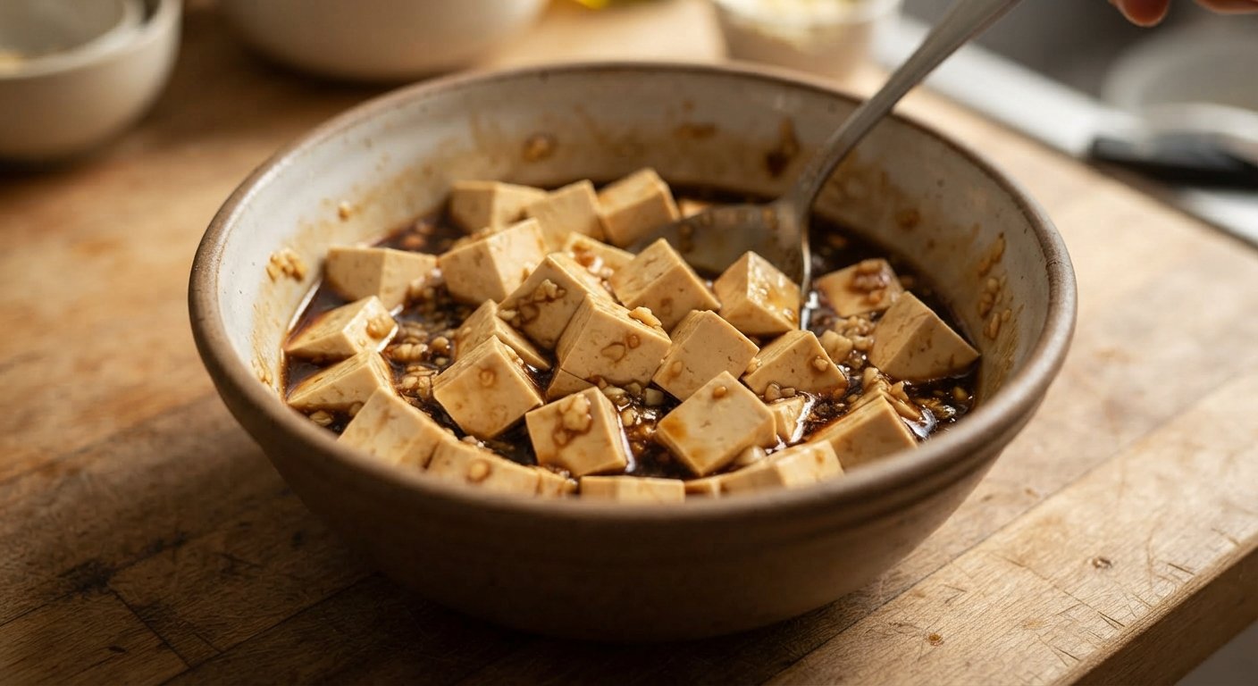 Dados de tofu marinándose en salsa de soja y ajo