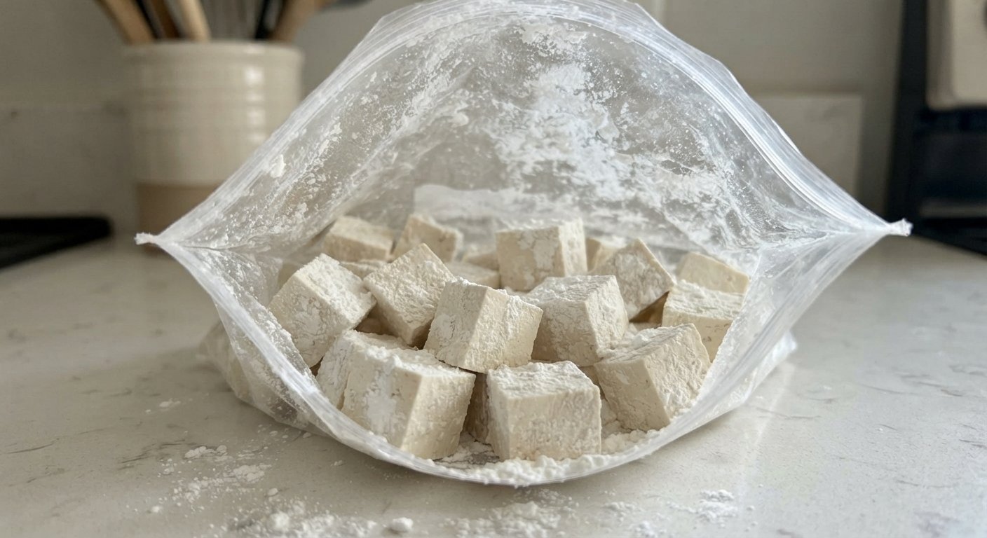 Dados de tofu rebozados en maicena