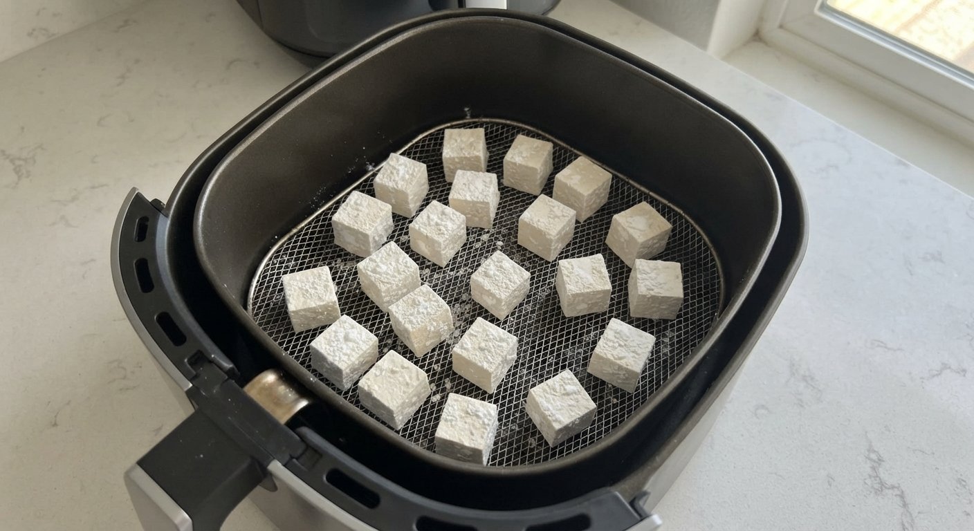 Dados de tofu en la cesta de la freidora de aire sin amontonar
