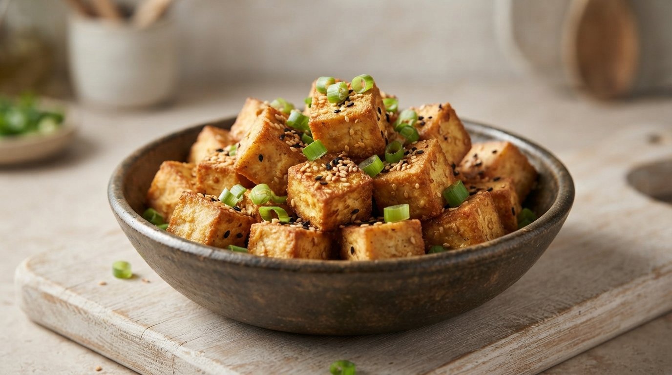 Tofu crujiente en freidora de aire recién hecho