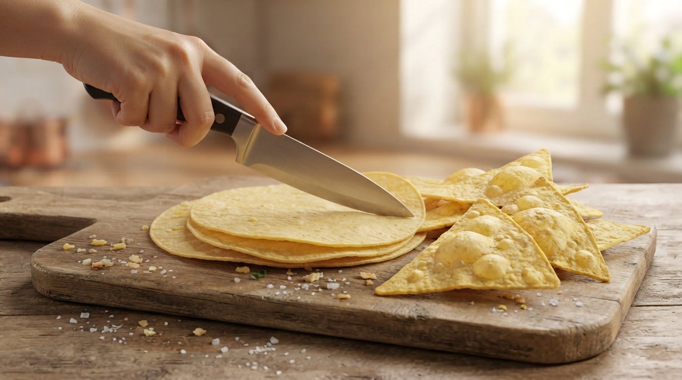 Pan de ajo y triángulos de tortita de maíz dentro de la cesta de la freidora de aire