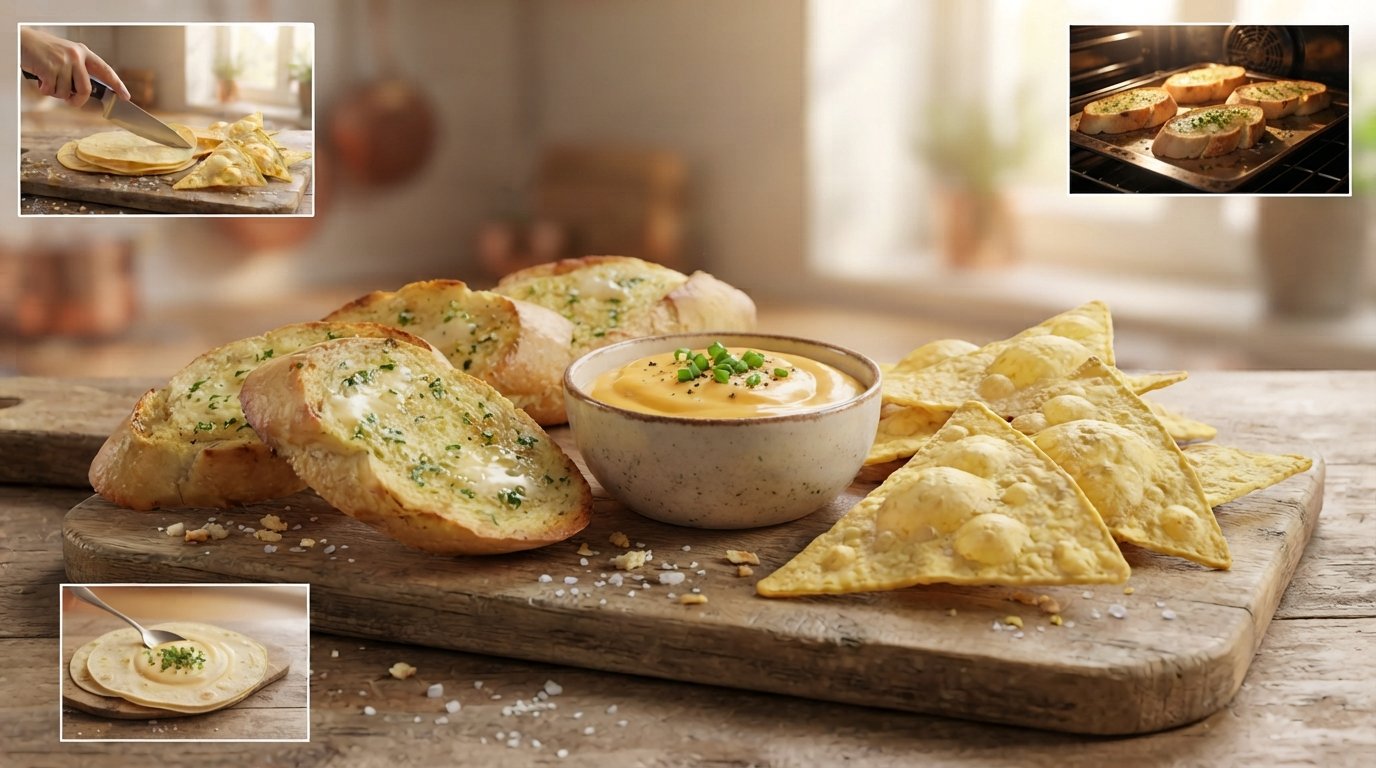 Pan de ajo dorado con tortitas de maíz crujientes y salsa de queso cremoso en air fryer
