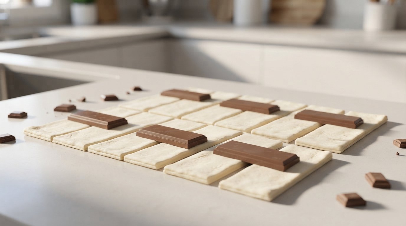 Chocolate colocado sobre el hojaldre para preparar napolitanas