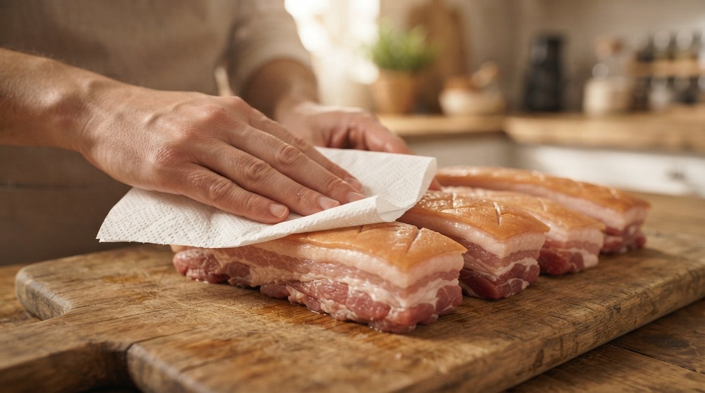 Tiras de panceta con corteza siendo secadas con papel de cocina sobre tabla de madera