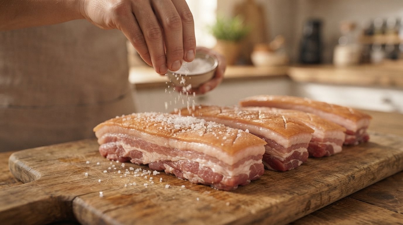 Tiras de panceta siendo sazonadas con sal sobre tabla de madera