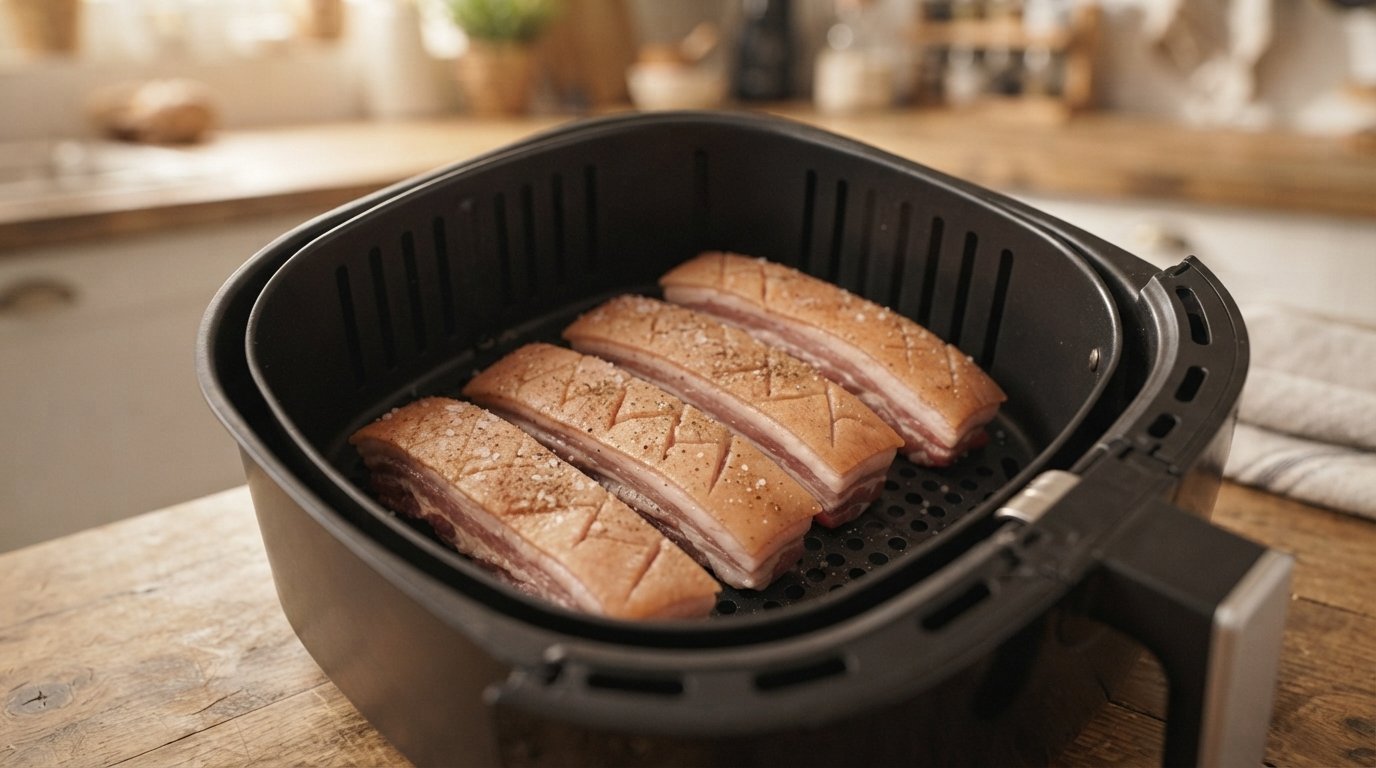 Tiras de panceta dentro de la cesta de la freidora de aire antes de cocinar