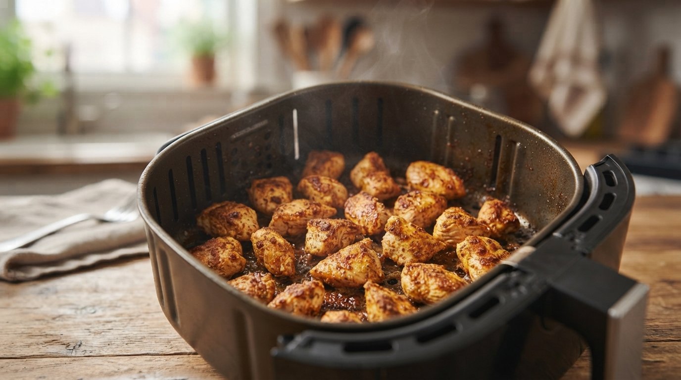 Trozos de pechuga de pollo dorándose dentro de la cesta de la freidora de aire
