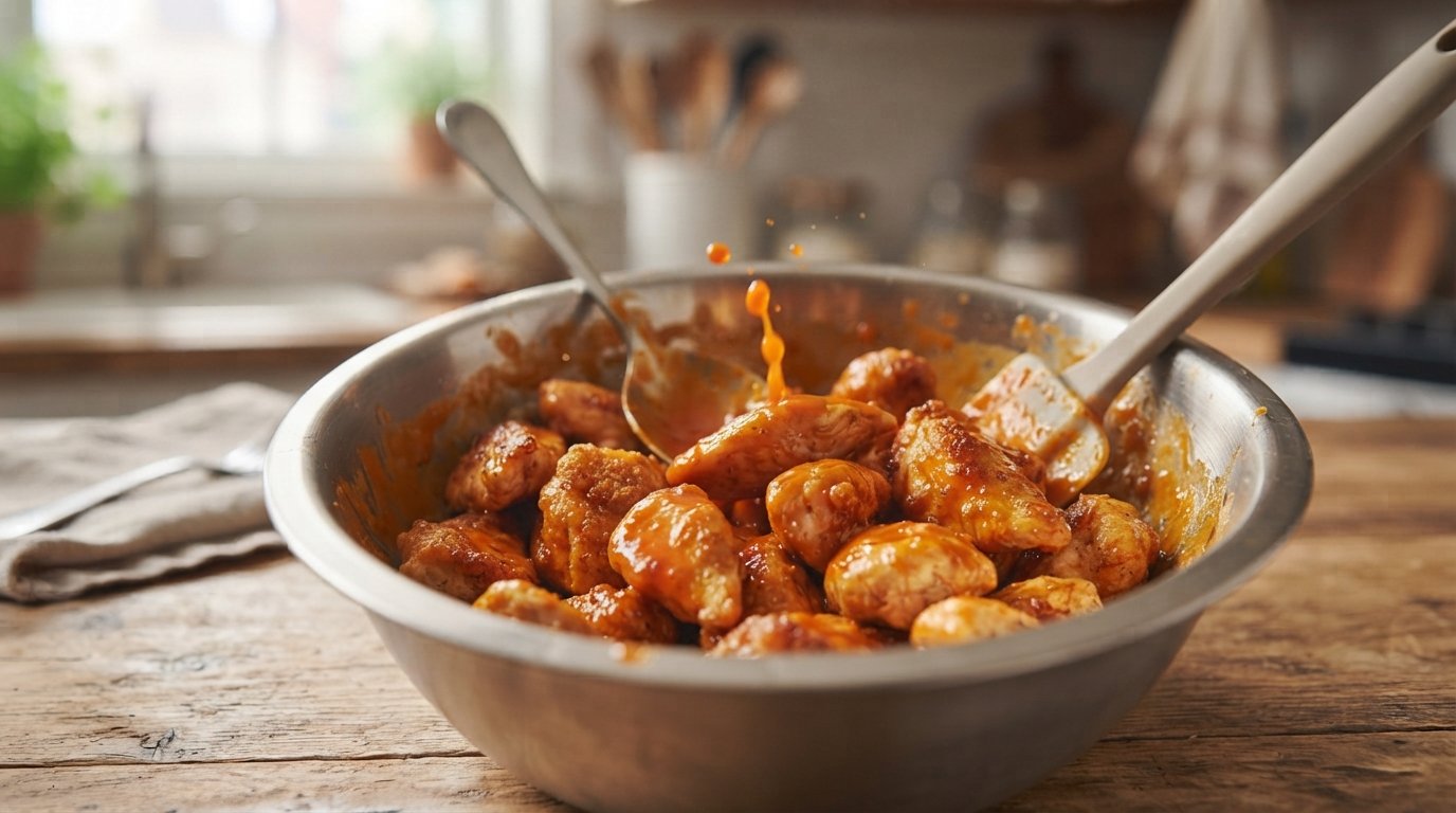 Trozos de pollo mezclándose con salsa buffalo picante en un bol