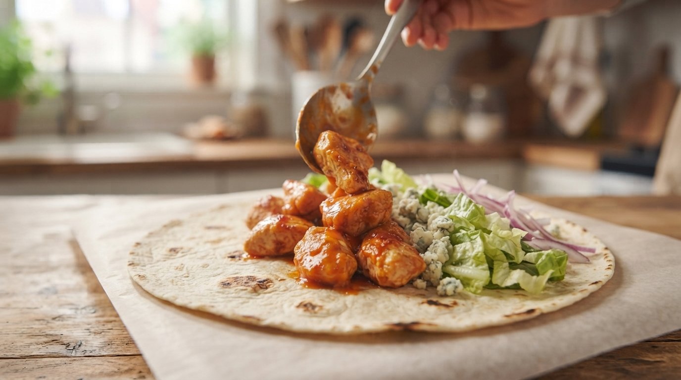 Tortilla rellena con pollo bañado en salsa, lechuga y queso